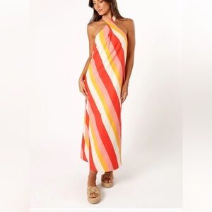RN WY Vibrant Striped Maxi Halter Dress